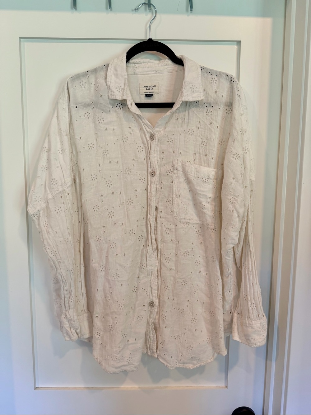 American Eagle AE Go Big Oversized Eyelet Embroidered Shirt White Medium